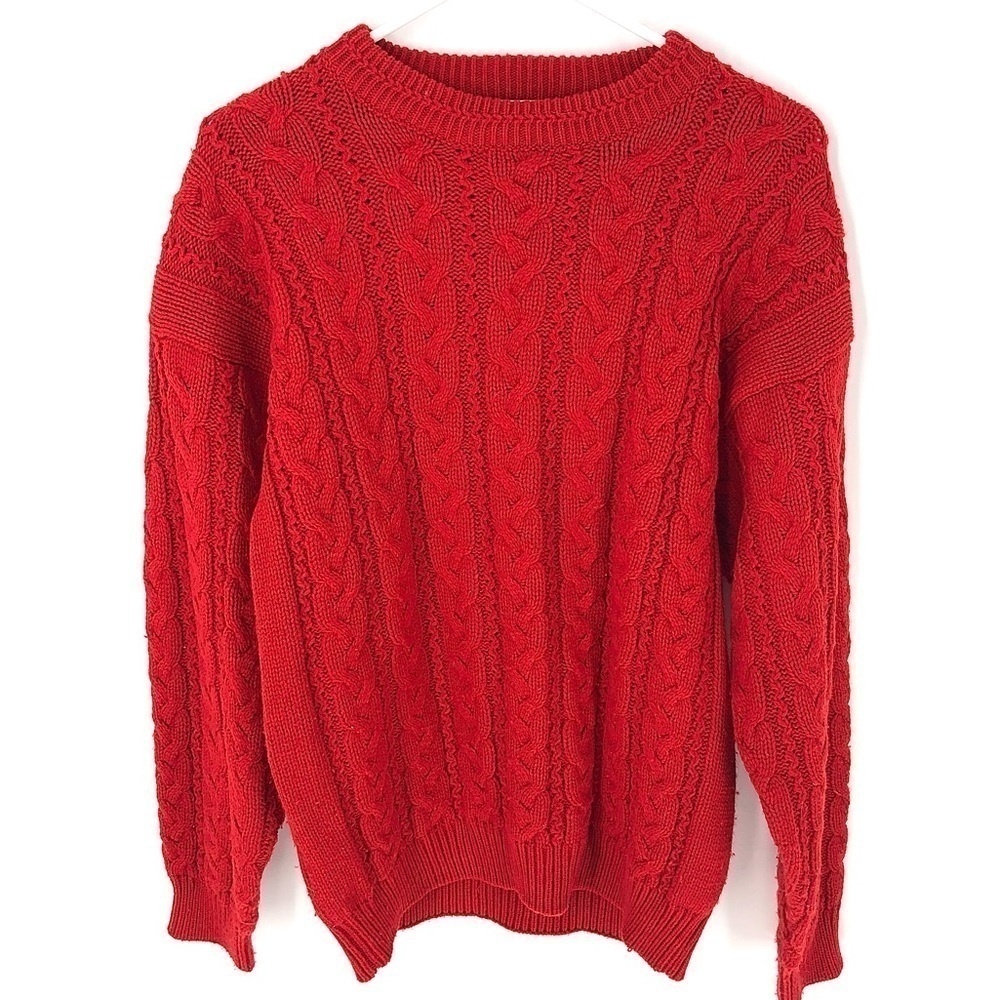 Vintage Cable Knit Sweater Womens Medium Fisherman Crew Chunky Preppy Holiday